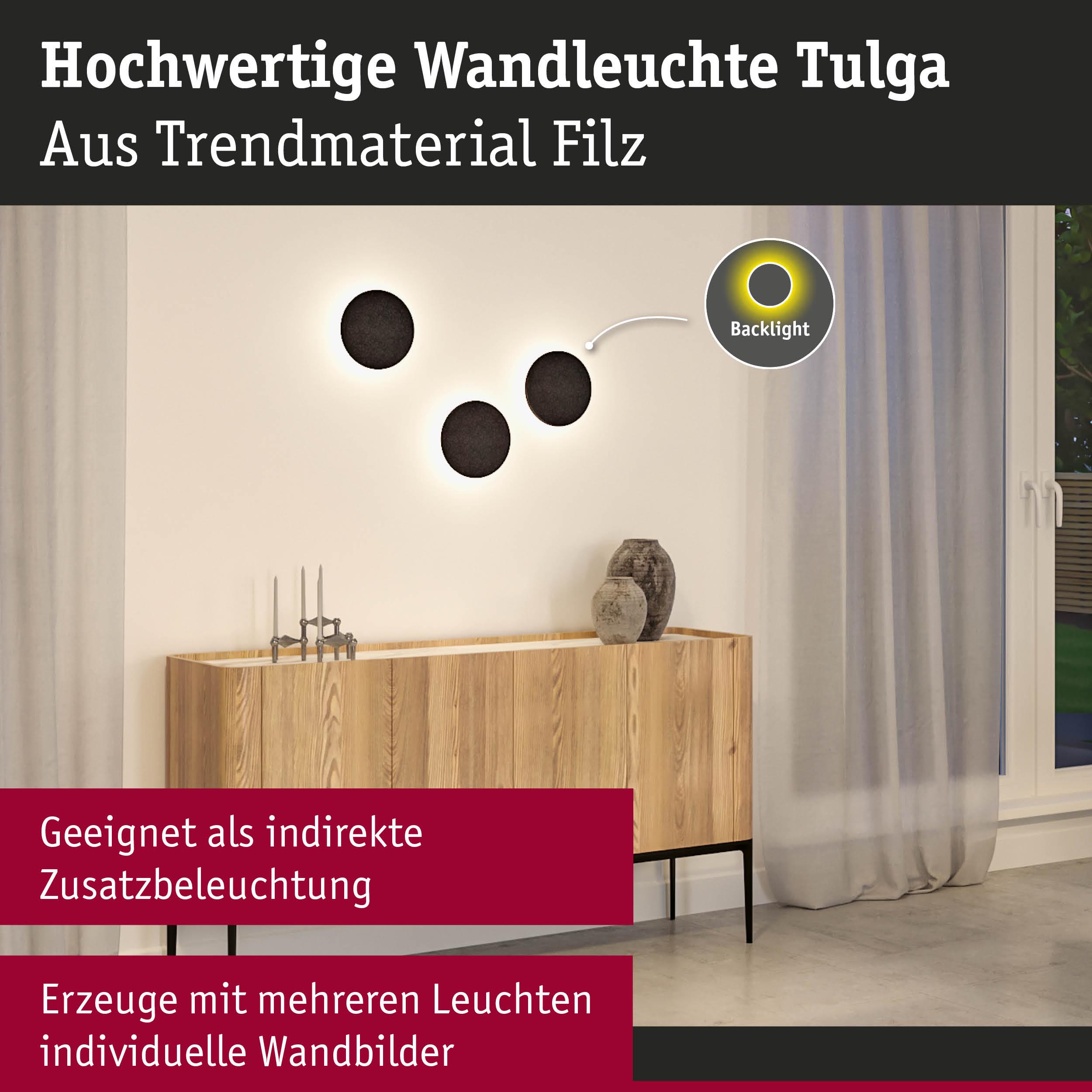 Wandleuchte Tulga aus schwarzem Filz mit indirektem Backlight für moderne Wandgestaltung und Zusatzbeleuchtung