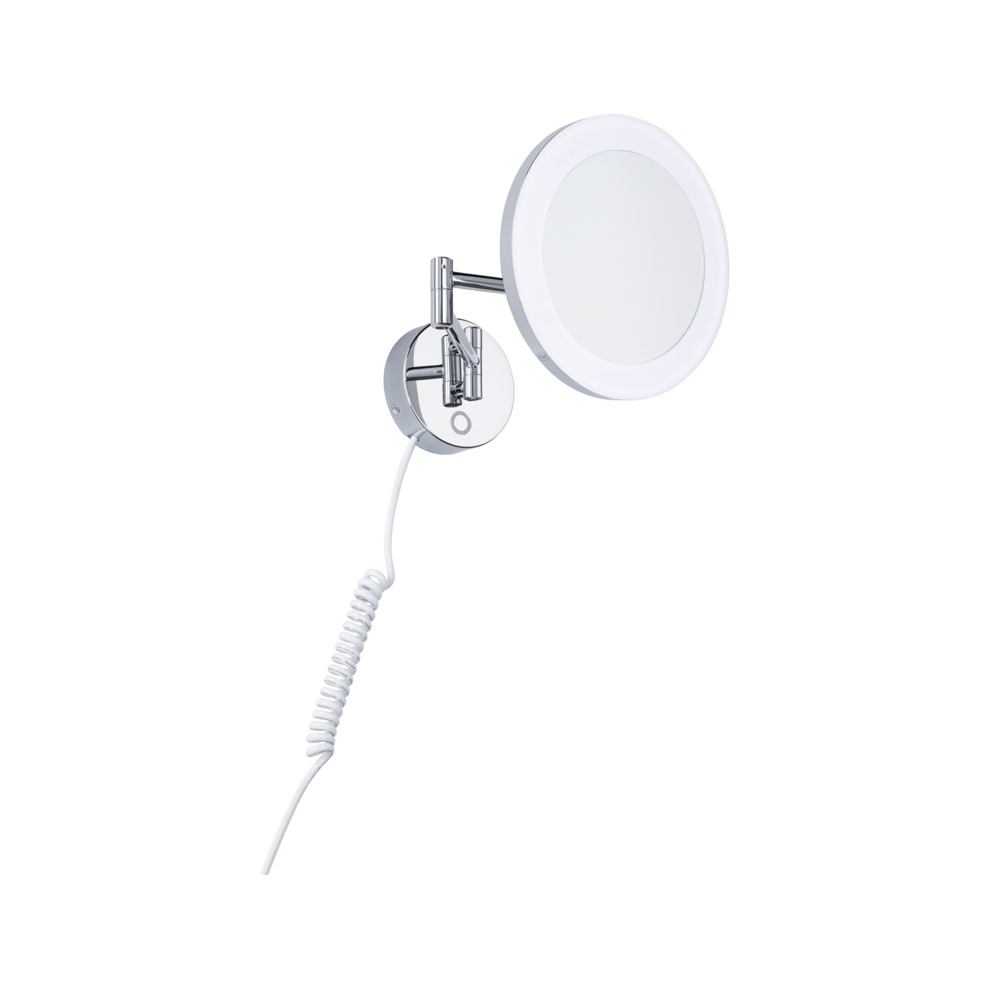 Ronde wandspiegel met LED-verlichting en verchroomde metalen arm, geschikt voor badkamerverlichting.
