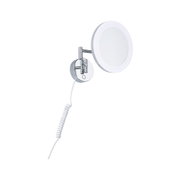 Ronde wandspiegel met LED-verlichting en verchroomde metalen arm, geschikt voor badkamerverlichting.