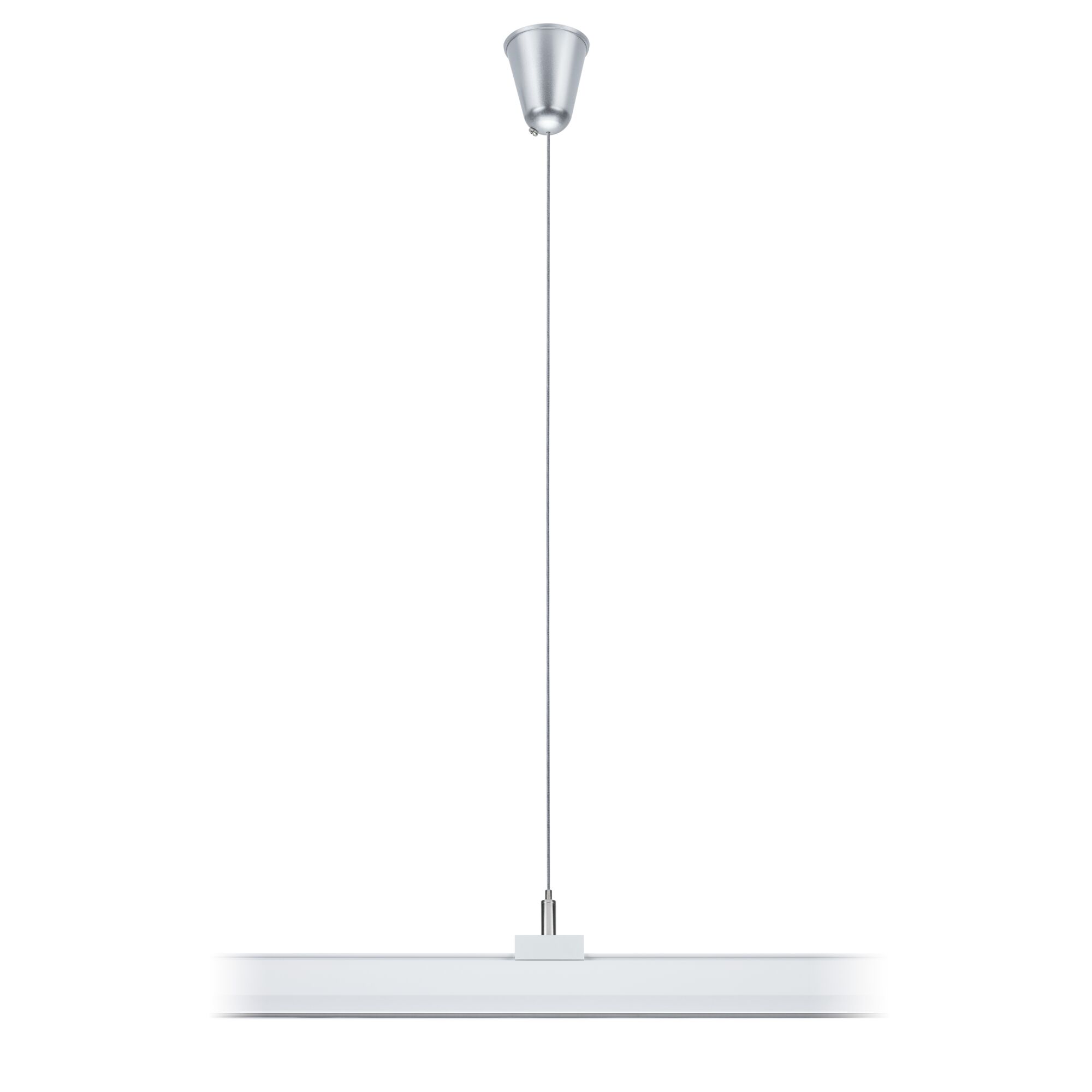 Modern white LED pendant light with silver metal ceiling mount for living spaces.