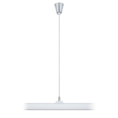 Moderne weiße LED-Pendelleuchte mit silberner Deckenhalterung aus Metall für Wohnräume.