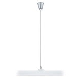 Modern white LED pendant light with silver metal ceiling mount for living spaces.