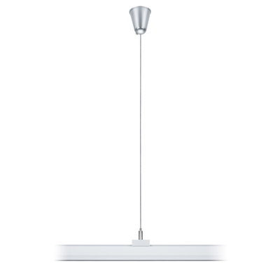 Moderne witte LED-hanglamp met zilveren metalen plafondbevestiging voor woonruimtes.