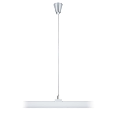 Moderne hvid LED-pendel med sølvfarvet metal loftbeslag til opholdsrum.