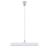 Moderne hvid LED-pendel med sølvfarvet metal loftbeslag til opholdsrum.