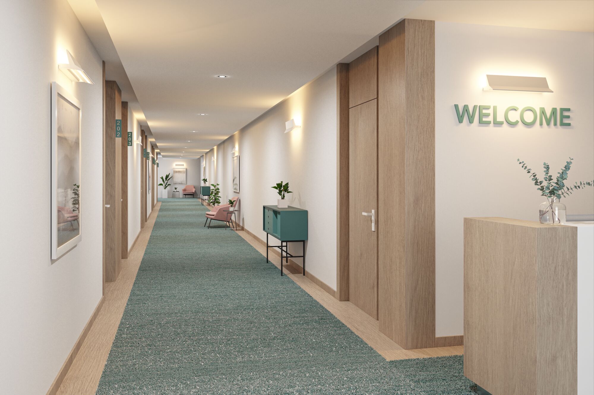 Moderner Hotelflur mit grüner Teppichboden, Holzdekor-Türen und weißen Wandleuchten für angenehme Beleuchtung