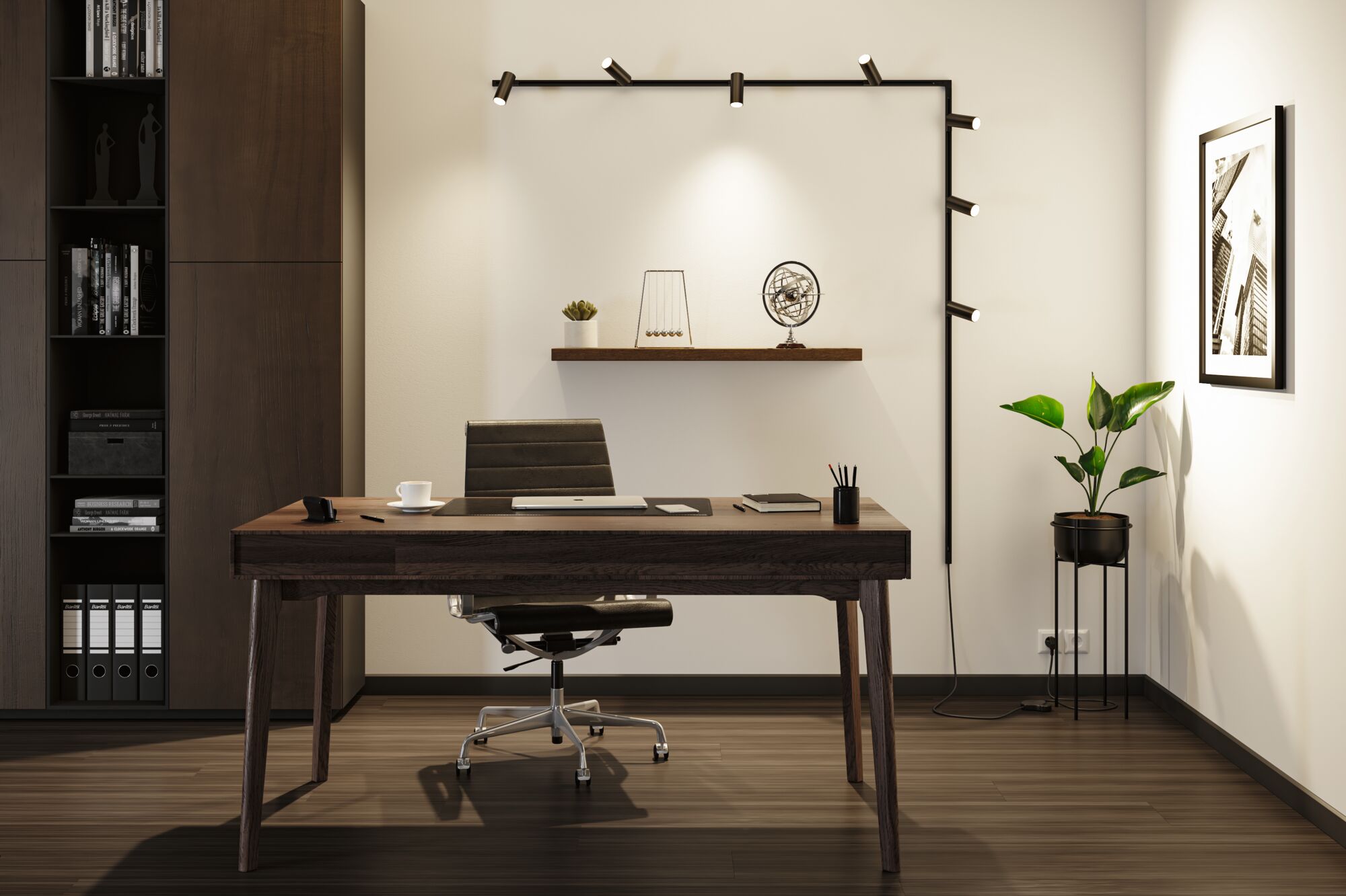 Modernes Büro mit dunklem Holztisch, schwarzem Lederstuhl und schwarzer LED-Wandleuchte für Arbeitslicht.