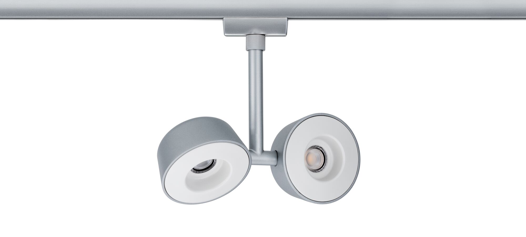 Moderne tweelichts LED-railschijnwerper van zilverkleurig metaal voor flexibele verlichting