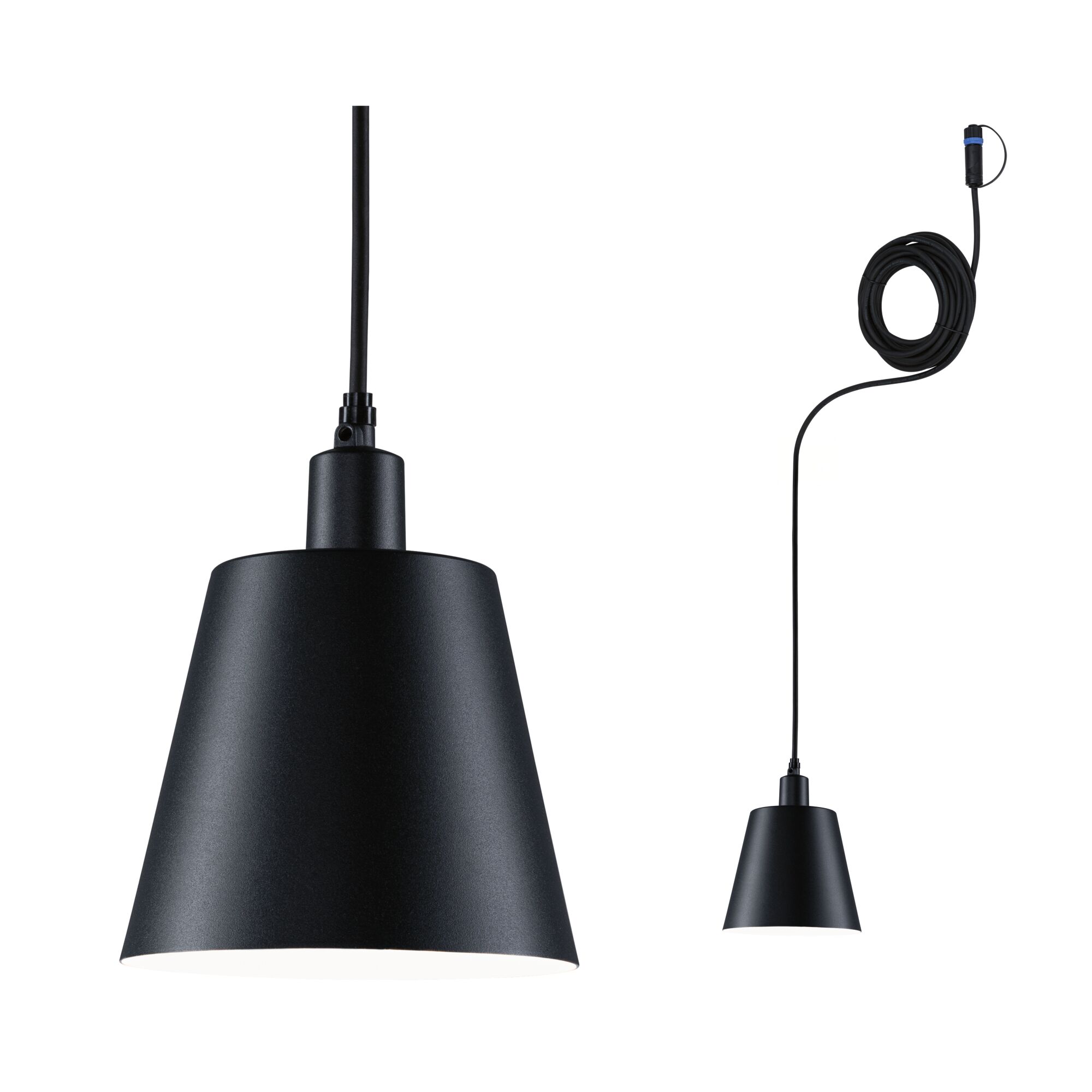 Schwarze Pendelleuchte aus Metall mit konischem Lampenschirm und langem Kabel für moderne Innenräume