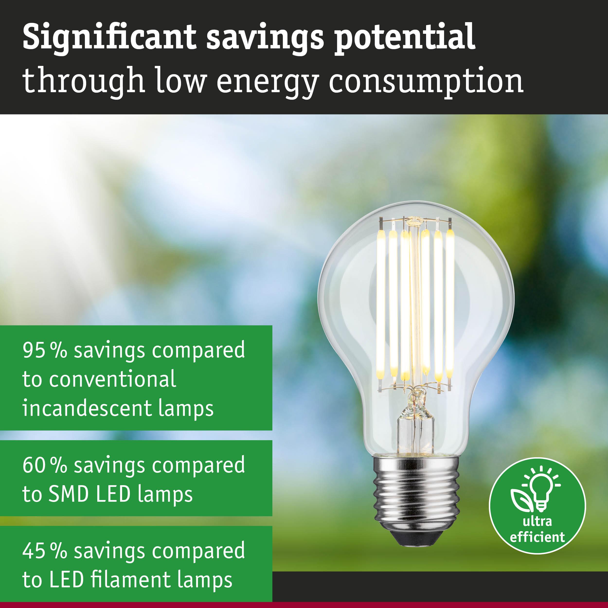 Energy-saving LED light bulb with clear glass and silver base, highlighting high efficiency and savings potential