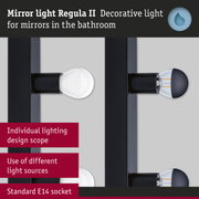 Black Regula II mirror light with E14 socket for bathroom featuring different light sources