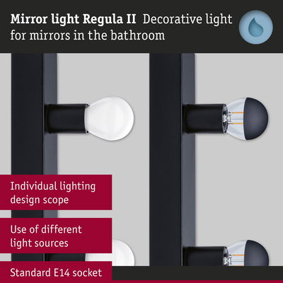 Black Regula II mirror light with E14 socket for bathroom mirrors, compatible with various light sources