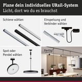 Anleitung zur Planung eines URail-Systems mit Schienen, Einspeisung, Spots und Pendelleuchten in Schwarz und Weiß