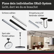 Modulares URail-Schienensystem mit schwarzen und weißen Schienen, Steckern und Pendelleuchten für flexible Beleuchtung