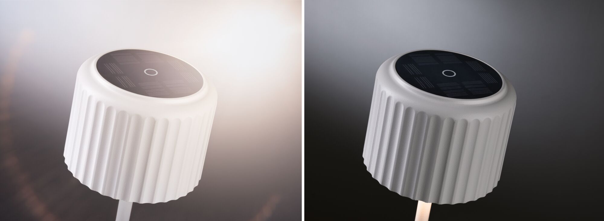 White solar garden spotlight with ribbed plastic housing and black solar panel for outdoor lighting
