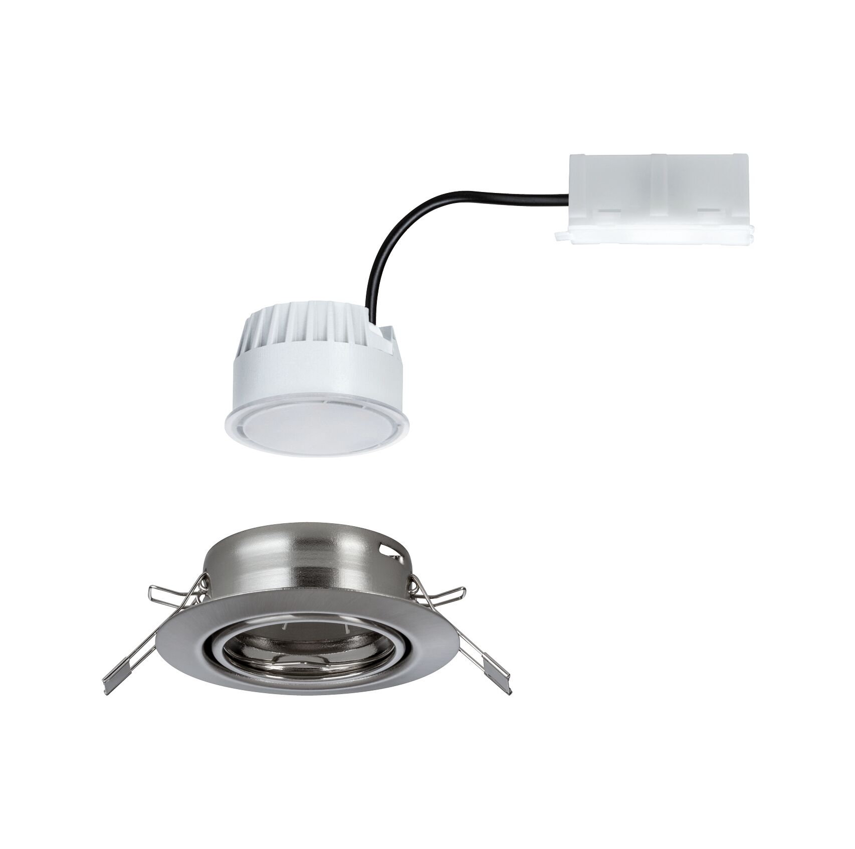 Round LED recessed spotlight set in stainless steel and white plastic with connection cable