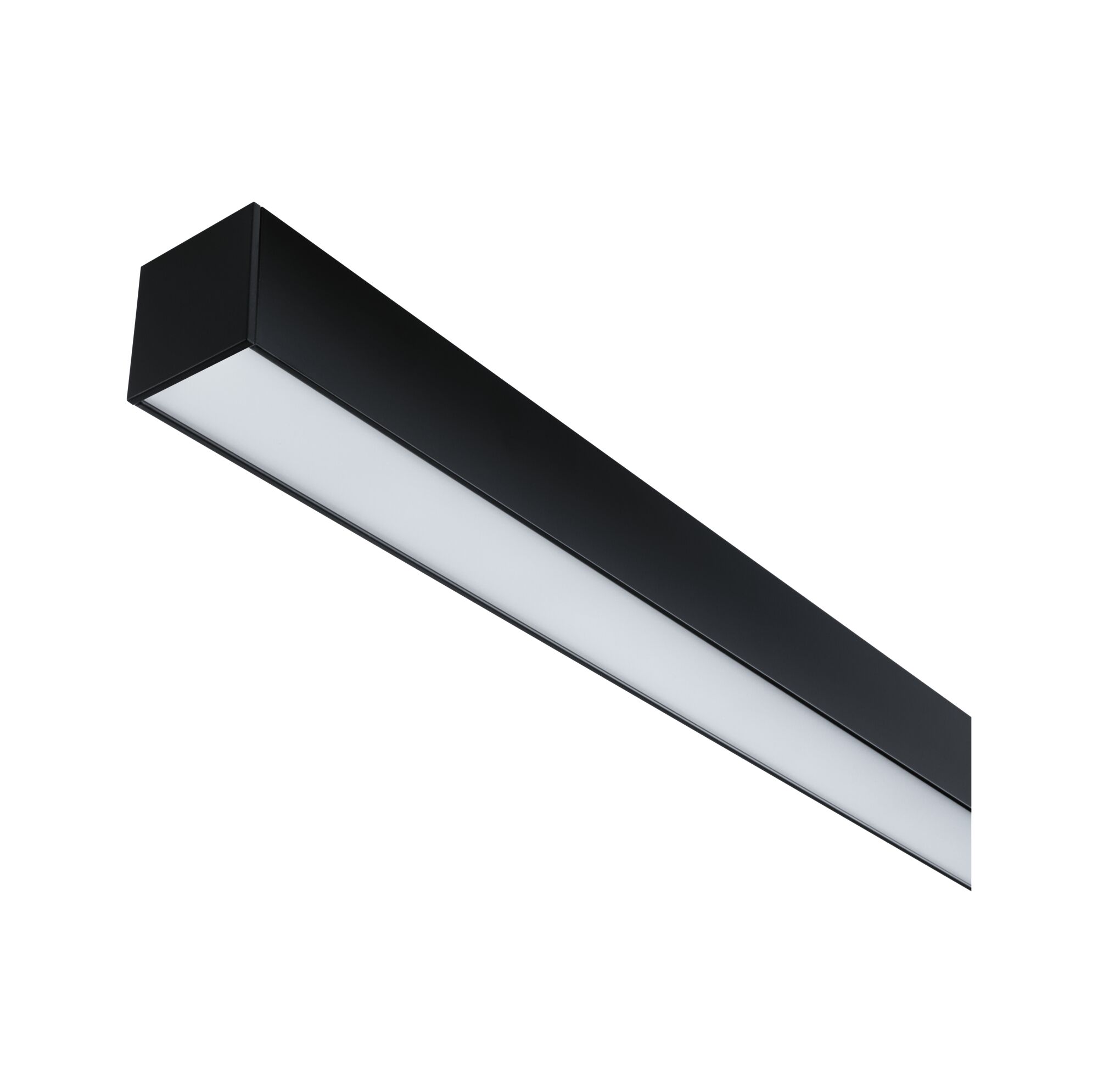 Schwarze LED-Deckenleuchte mit rechteckigem Aluminiumgehäuse und weißem Diffusor für moderne Beleuchtung
