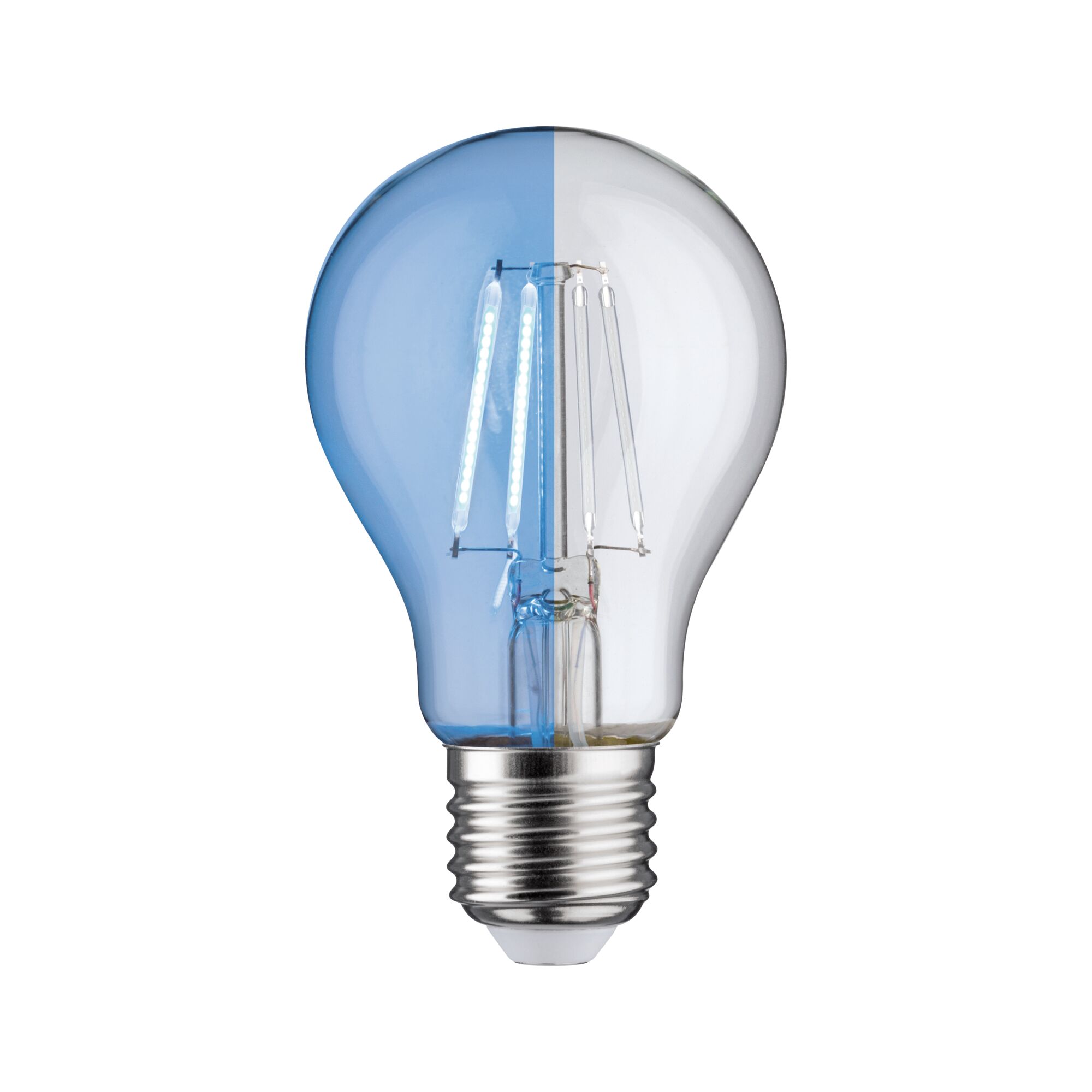 LED light bulb with clear and blue tinted glass, E27 base, energy-saving lighting solution