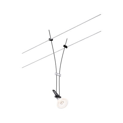 Black LED cable spotlight with transparent reflector on silver wires for modern lighting solutions