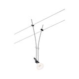 Black LED cable spotlight with transparent reflector on silver wires for modern lighting solutions