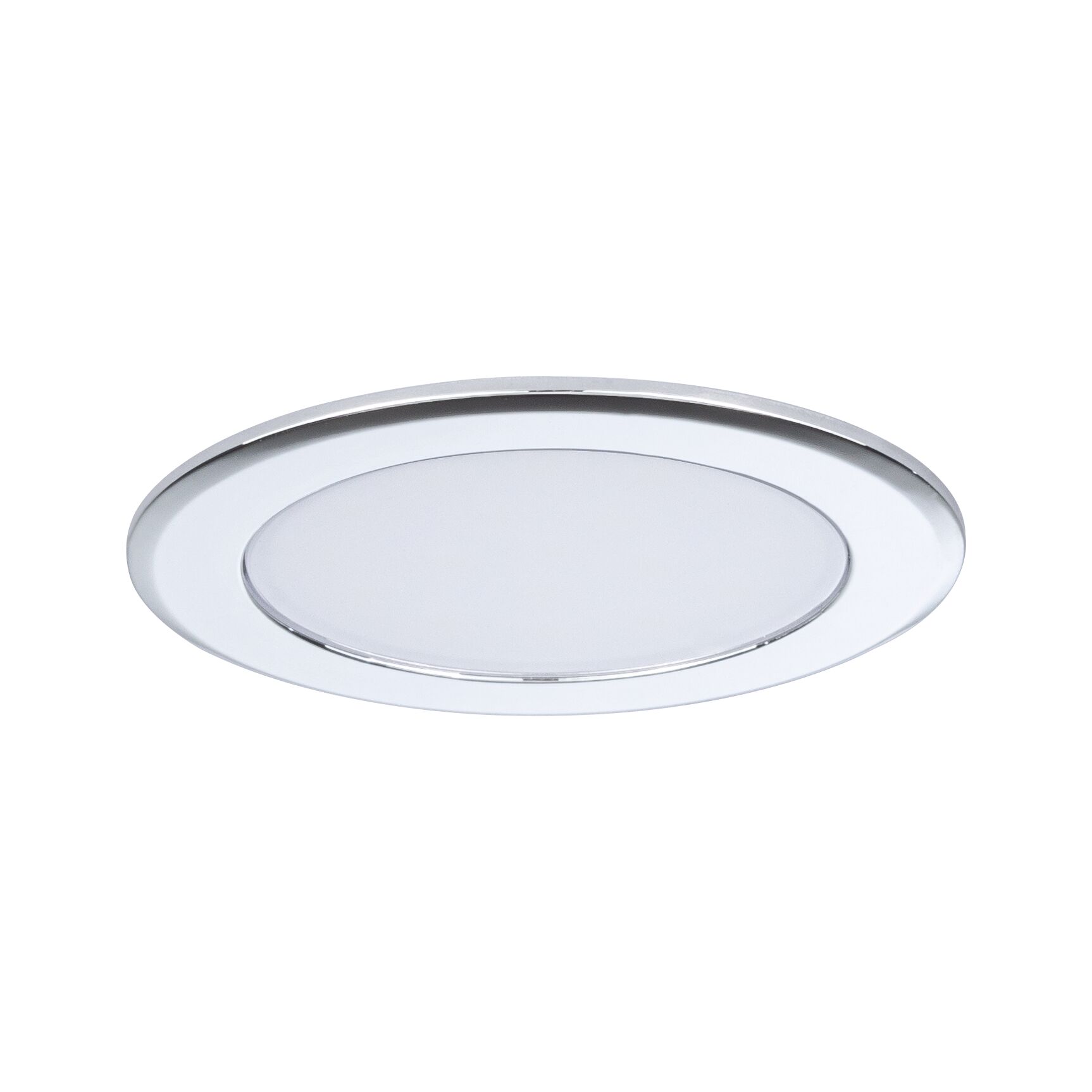 Round white LED recessed panel with chrome trim, energy-saving ceiling light for living spaces