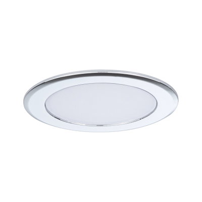 Round white LED recessed panel with chrome trim, energy-saving ceiling light for living spaces
