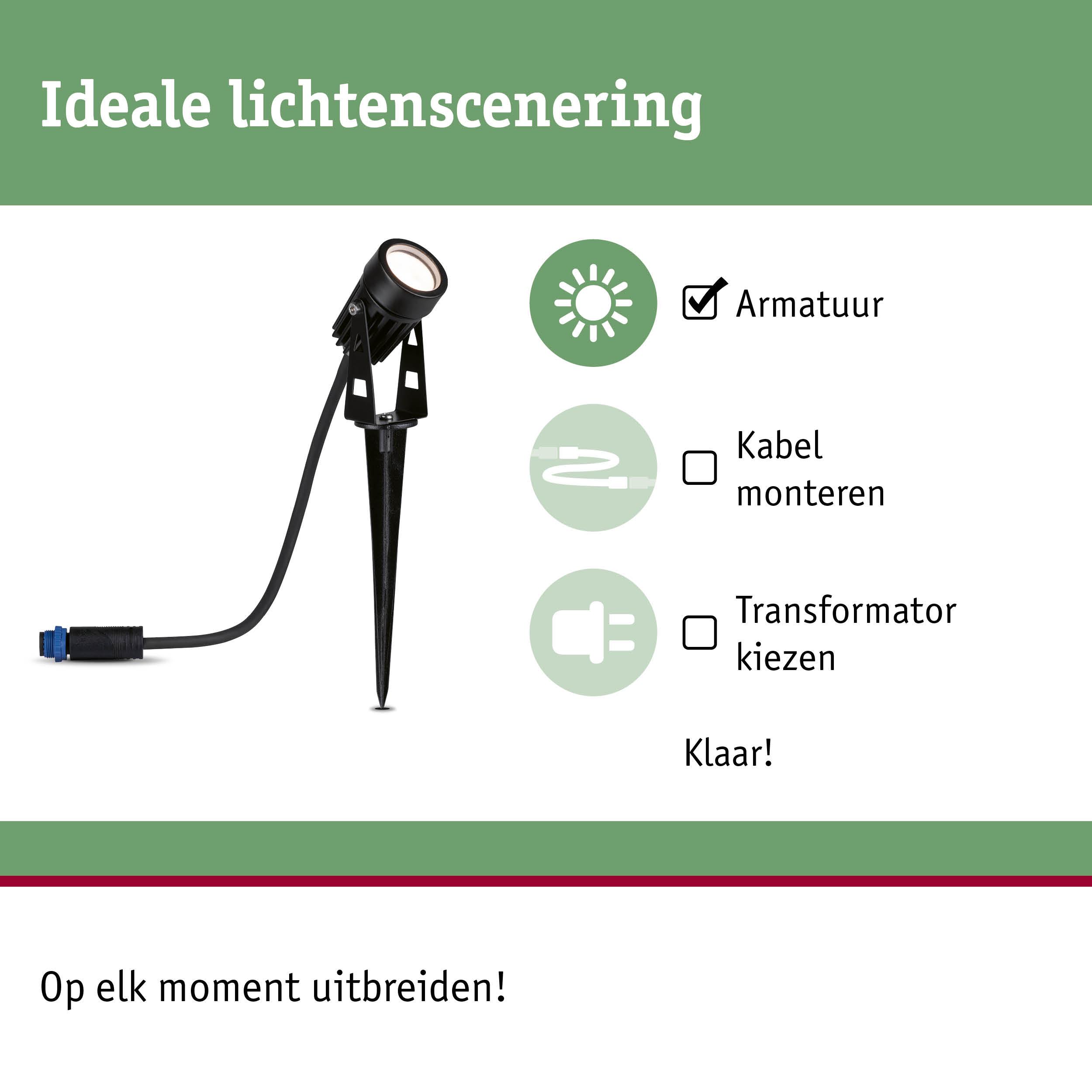 Zwarte LED-tuinschijnwerper met grondpen en kabelconnector voor flexibele buitenverlichting.
