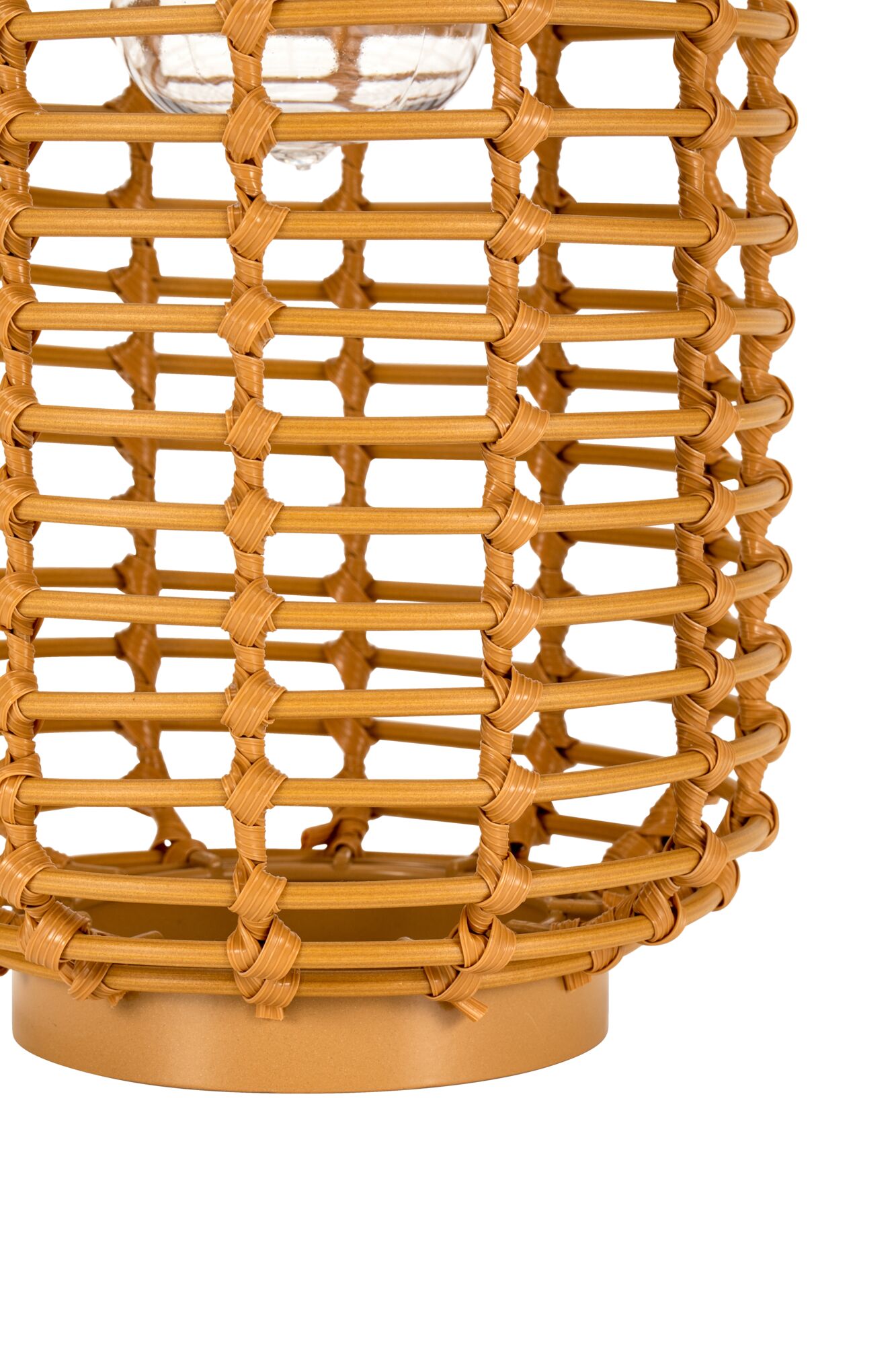 Brown table lamp with woven plastic basket and gold metal base for stylish home lighting