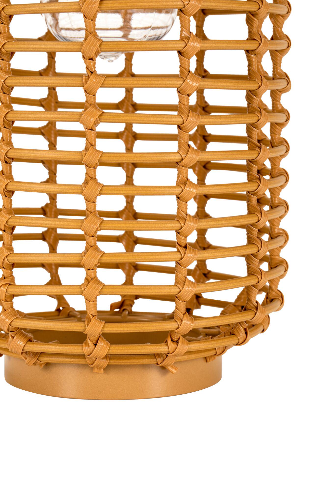 Brown rattan table lamp with grid design and glass socket, decorative plastic lighting for home