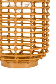 Brown rattan table lamp with grid design and glass socket, decorative plastic lighting for home