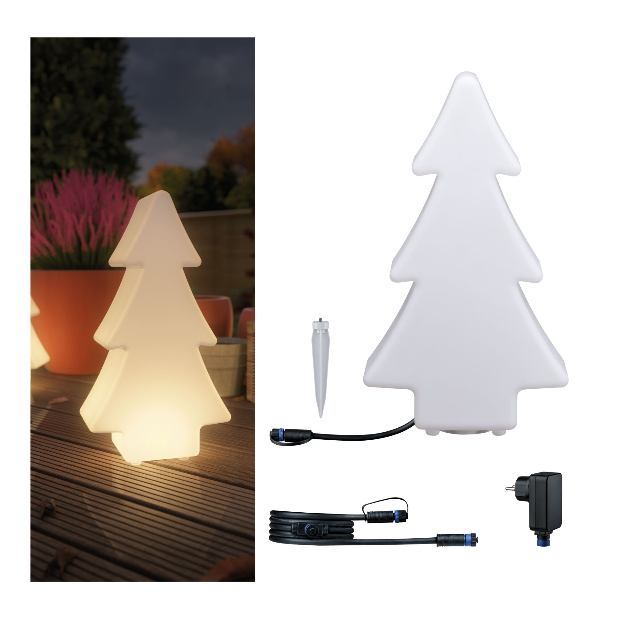 Sapin de Noël LED blanc en plastique avec piquet et câble pour éclairage extérieur d'ambiance
