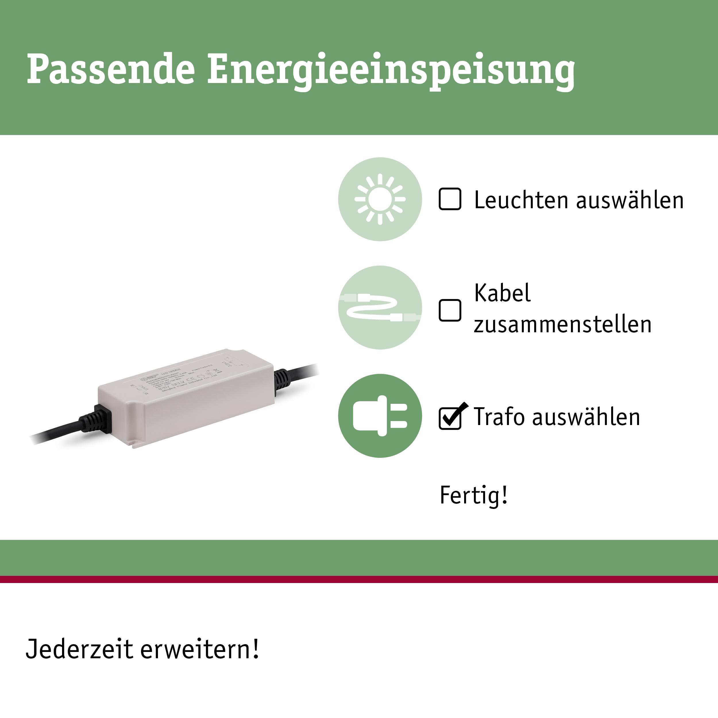 Weißer Transformator mit Kabel für passende Energieeinspeisung bei LED-Beleuchtungssystemen