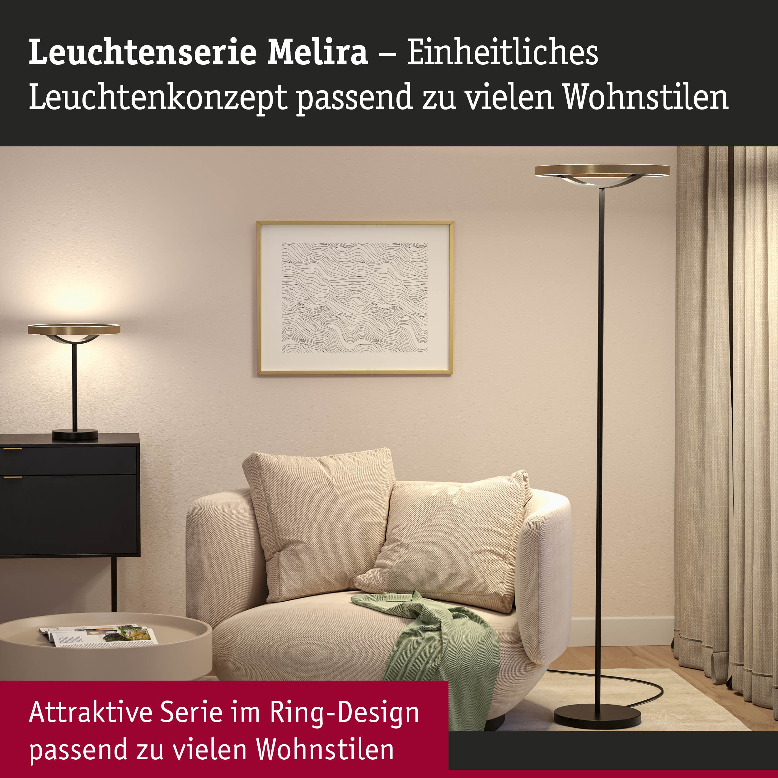 Steh- und Tischleuchte Melira in Schwarz mit goldfarbenem Ring-Design für moderne Wohnstile