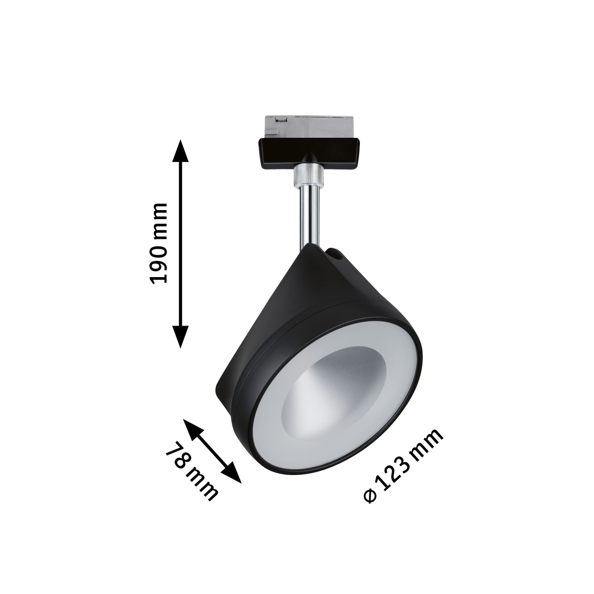 Schwarze LED-Spotleuchte mit silbernem Reflektor und Maßen 190x78x123 mm für moderne Beleuchtung
