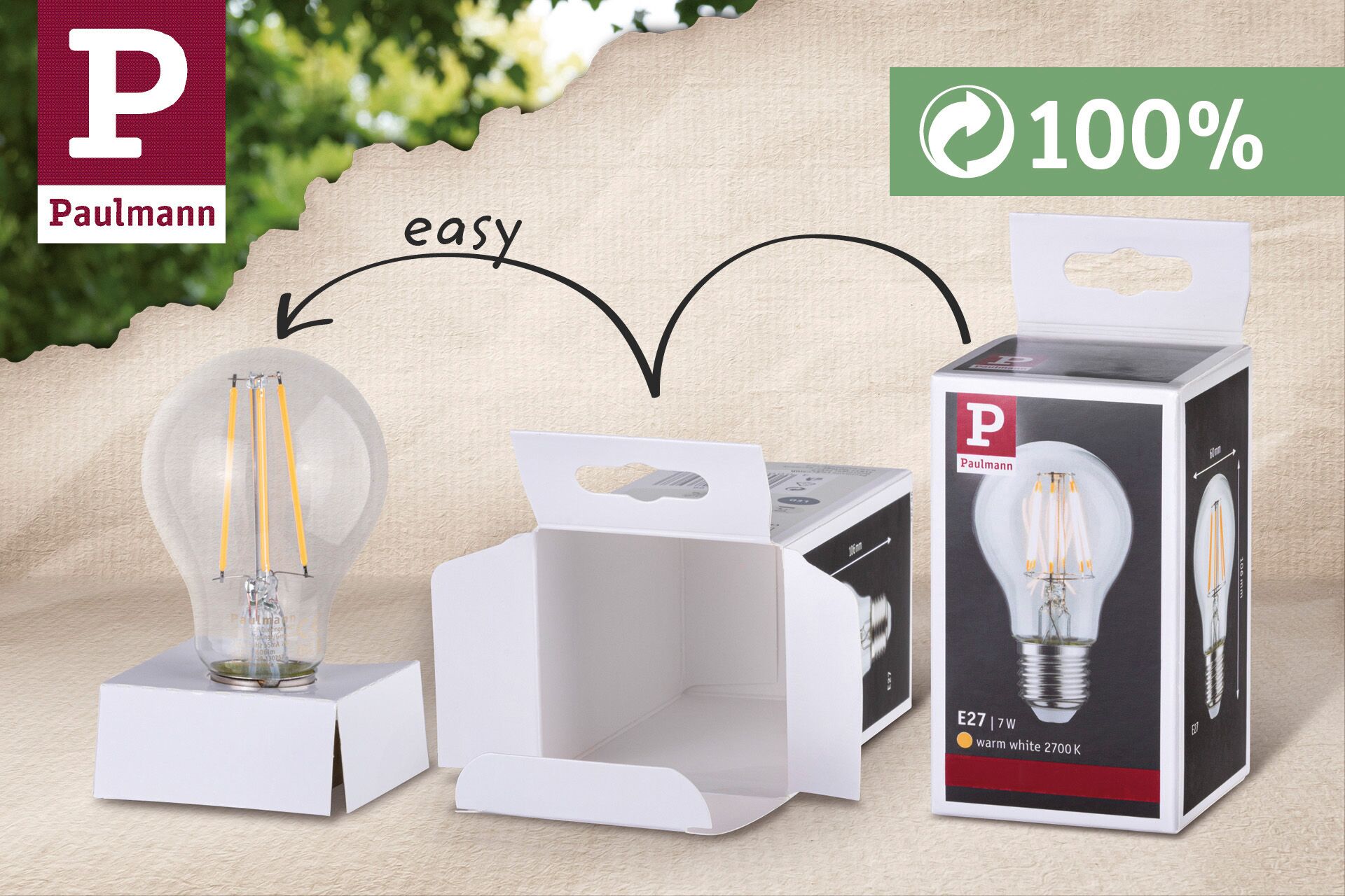 Ampoule LED E27 7W blanc chaud avec emballage durable 100% recyclable en carton
