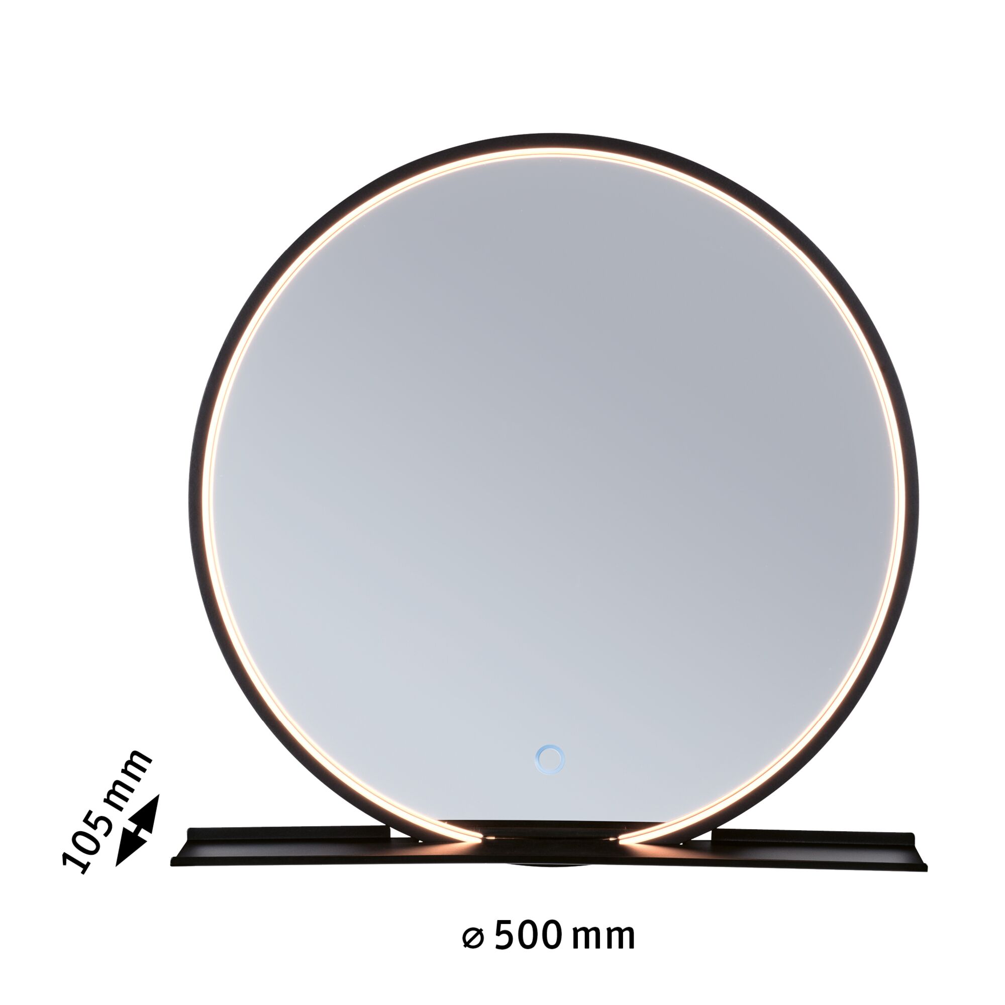 Miroir rond avec cadre noir et éclairage LED blanc chaud, diamètre 500 mm, design moderne