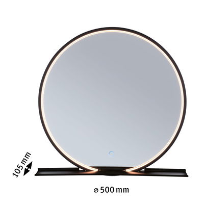 Miroir rond avec cadre noir et éclairage LED blanc chaud, diamètre 500 mm, design moderne