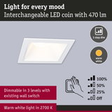 White square LED recessed light with warm white 2700K and three-step dimmable function