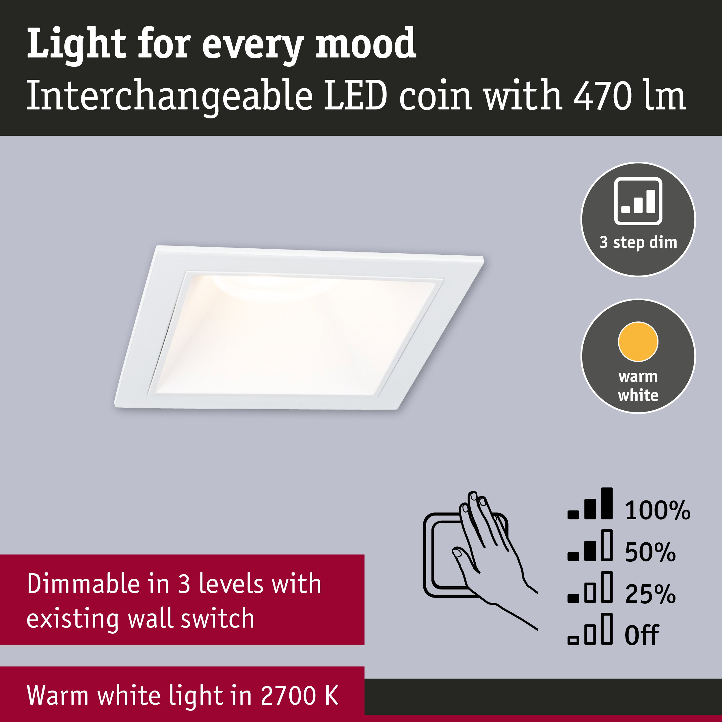 White square LED recessed light with 470 lumens, warm white light, dimmable via existing wall switch