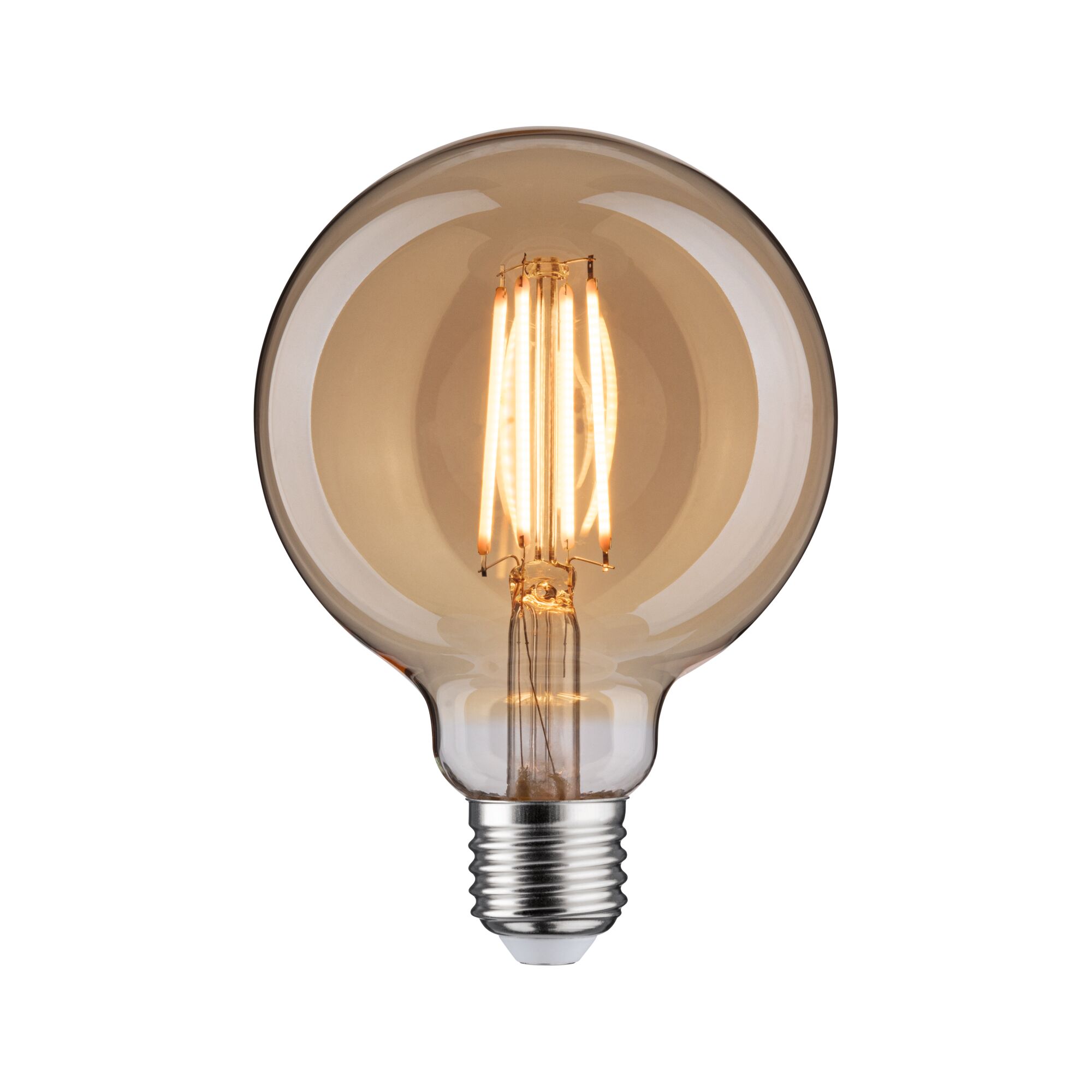 Round LED bulb with warm light and brown glass, energy-saving vintage lamp