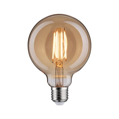 Round LED bulb with warm light and brown glass, energy-saving vintage lamp