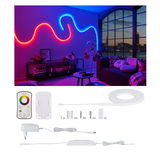 Colorful LED light strip with remote control and accessories for customizable room lighting.