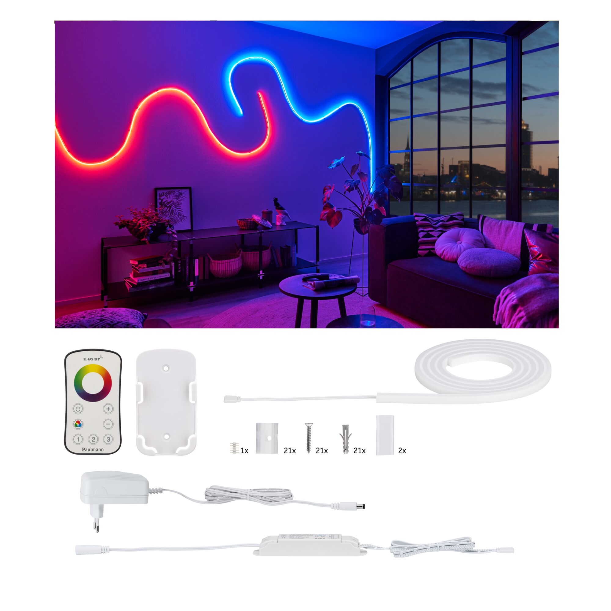 MaxLED Flow LED Strip Basisset RGB 1,5m beschichtet 13,5W 400lm/m 120 LEDs/m RGB 24VA Bunt beleuchteter LED-Lichtstreifen mit Fernbedienung und Zubehör für individuelle Raumgestaltung.