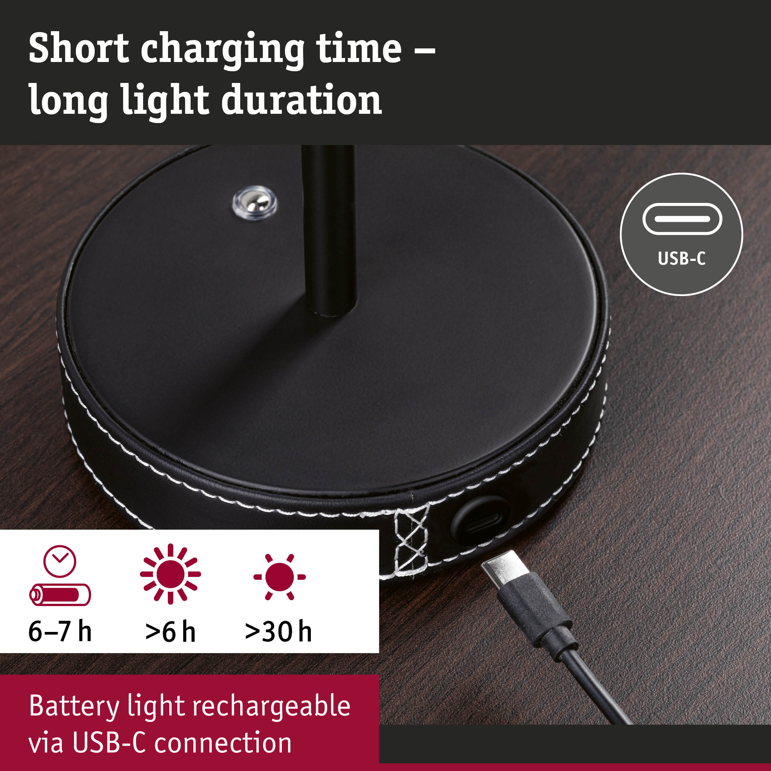 Black round rechargeable table lamp with USB-C port and long LED light duration for home lighting