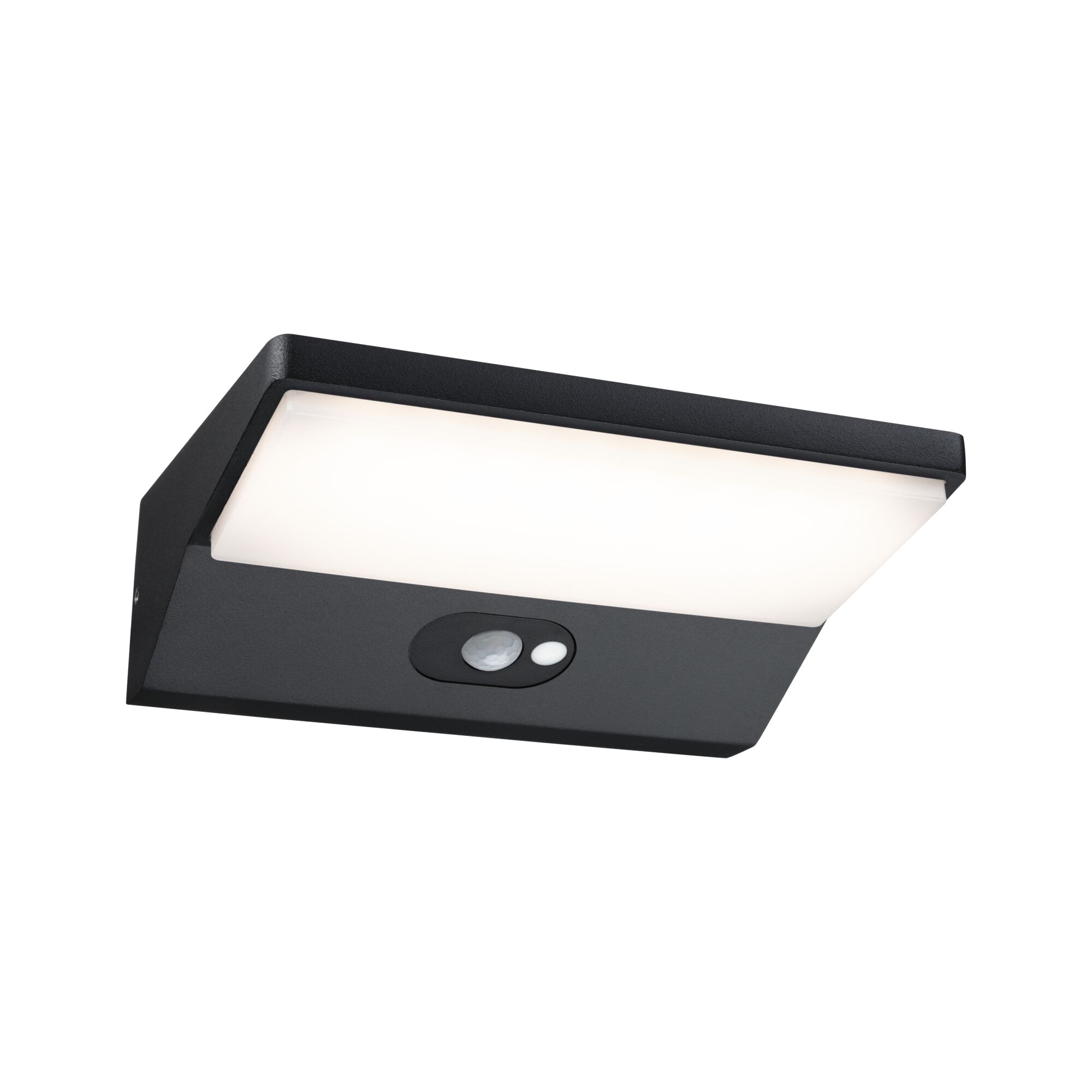 Black LED wall light with motion sensor and white diffuser for outdoor lighting