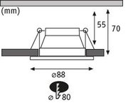 Technische Zeichnung eines Einbaustrahler mit 88 mm Durchmesser und 70 mm Einbautiefe, schwarz.