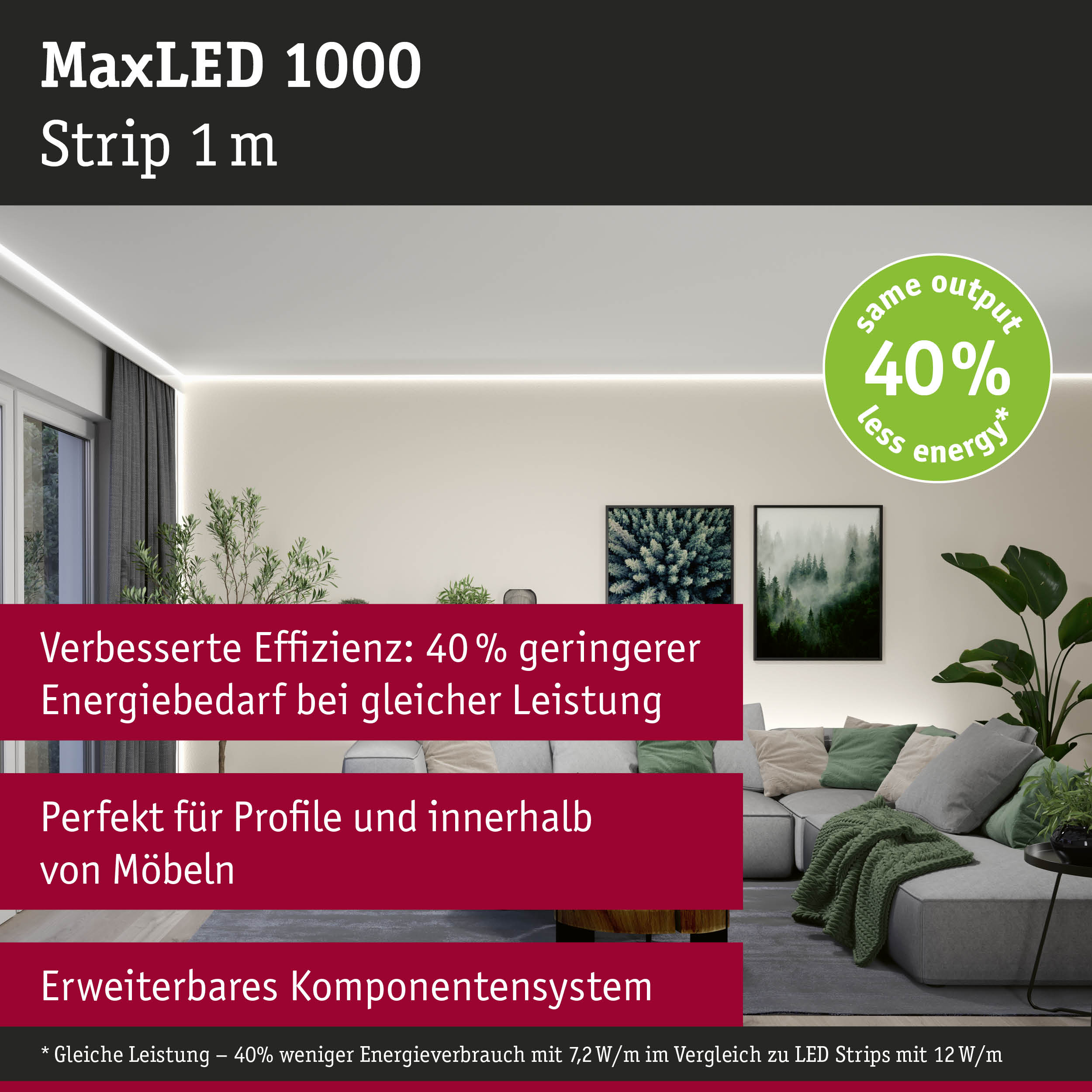 MaxLED 1000 LED-Lichtstreifen 1 m mit 40 % weniger Energieverbrauch für effiziente Raumbeleuchtung