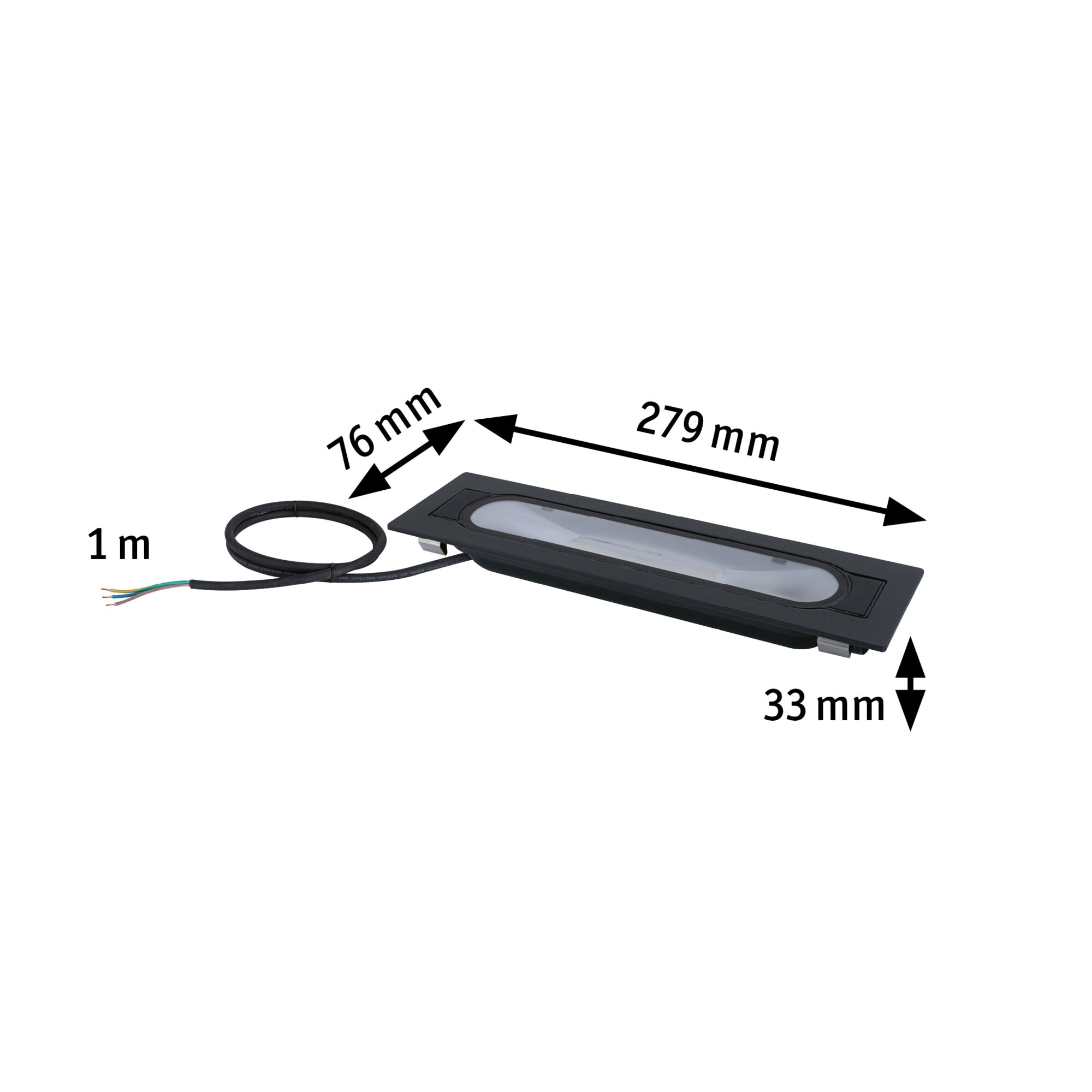 Black LED recessed light measuring 279x76x33 mm with 1 m cable for modern lighting solutions
