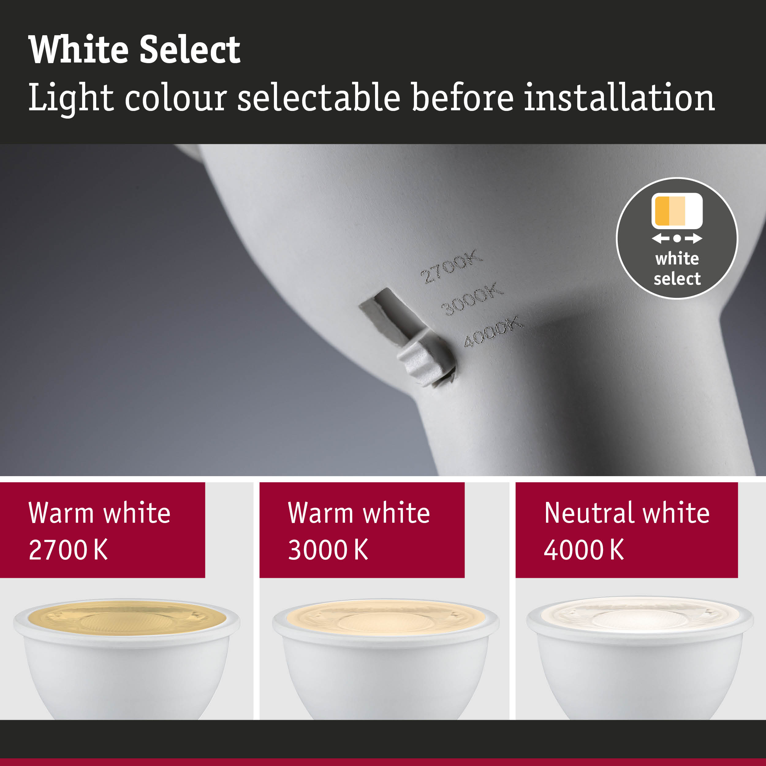 White LED spotlight with adjustable light colour from 2700K to 4000K for versatile lighting
