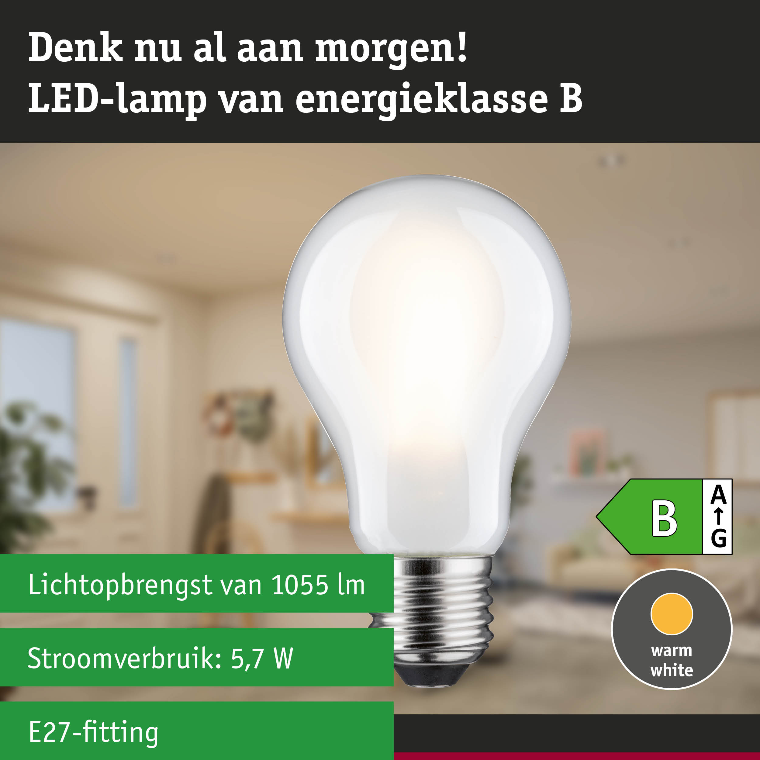 Witte LED-lamp met E27-fitting, warm wit licht en 3-traps dimfunctie, energiezuinige lamp